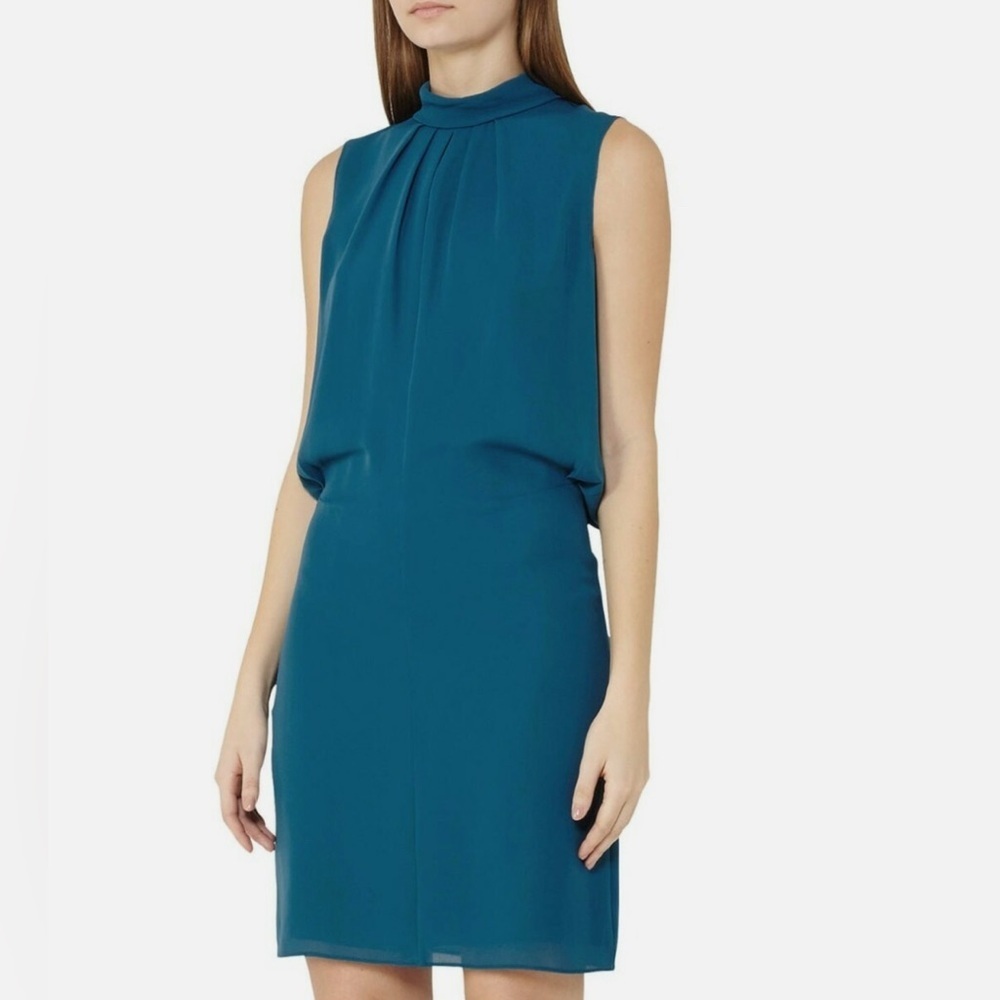 Reiss Leonie Halter Tie neck mini shift dress in Atlantic blue/teal size 10